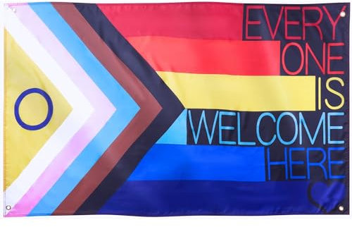Runesol bandera Todos son bienvenidos, 91 x 152 cm, 3 pies x 5 pies, 4 ojales, ojales en cada esquina, orgullo LGBT, sexualidad