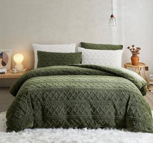Sedefen Flauschig Bettwäsche 135x200 cm 4 Teilig Grün Biber Flanell Fleece Geometrischmuster Cashmere Touch Winterbettwäsche,2 Warme Sherpa Bettbezug und 2 Kissenbezug 80x80cm mit Reißverschluss