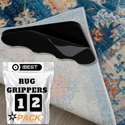 Rug Grippers for Laminate Floor | Pack of 12 Non Slip Carpet Grips| Cut to Size for Multi Uses | Anti Slip, Washable, Reusable, Self Adhesive | Keep underlay in place for carpeted and wooden floors