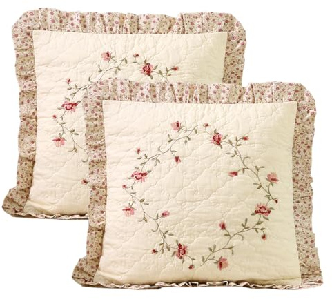 vctops Set of 2 Cotton Quilted Embroidered Decorative Square Throw Pillow Covers with Ruffles Floral Soft Cushion Case for Couch Sofa Bed (Flower A,18x18)