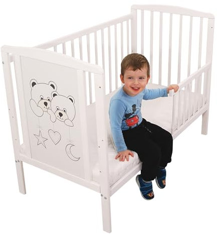 Bello24 - Kinderbett Babybett & Kindercouch aus Massivholz 3 Fach höhenverstellbar mit DREI herausnehmbaren Latten inkl. Matratze und Umbaukit 60 x 120 cm