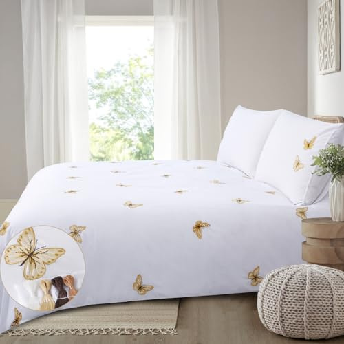 Chlophy Mustard Yellow Butterfly Duvet Cover Embroidered King White Girls Spring Duvet Sets Luxury Elegant Pretty Kids