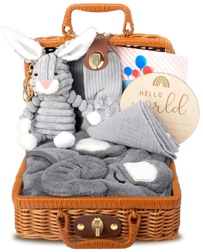 Gobesty Cesta de regalo para recién nacidos, regalos para bebé, 7 en 1, set de regalo para nacimiento con mantas de bebé, pañuelo triangular, peluches, tarjetas de felicitación, tarjetas de nacimiento