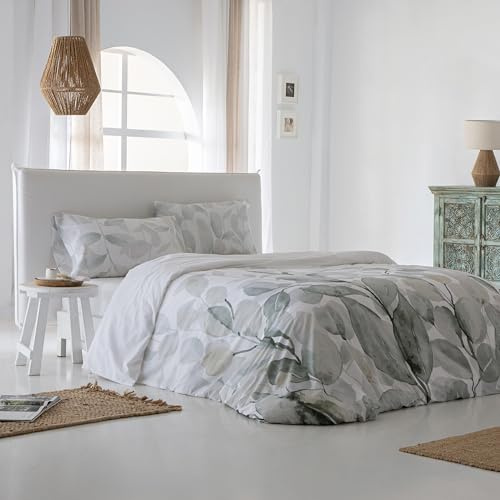 COTTON ARTean Funda Nórdica Cama 150 ALGODÓN 144 Hilos Pas Blanco Y Verde Funda edredón 240x220 + 2 Fundas de Almohada Cierre con Botones