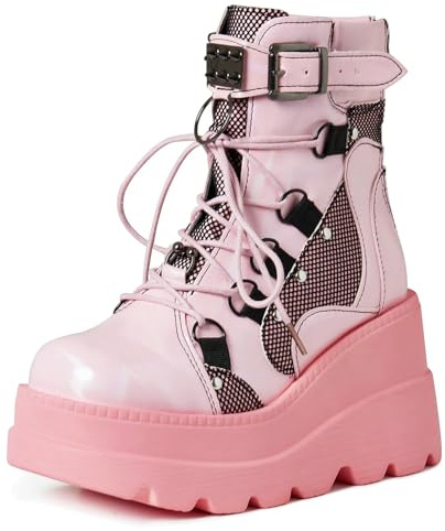 Meefit Women Goth platform Boots Wedge High Heel Lace Up Ankle Boots Round Toe Combat Booties Motorcycle Boot(1-pink,US8.5)