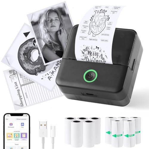 PRAOAHEI Mini Drucker, Tragbarer Fotodrucker mit 10 Rollen Druckerpapier, Bluetooth-Etikettendrucker, Thermodrucker für Notizen, Fotos, Tagebücher, Heimwerken, kompatibel mit iOS und Android (Schwarz)