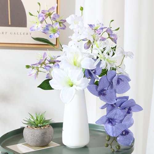 Veryhome Artificial Flowers in Vase, Faux Flowers with Vase Fake Orchid Bouquet for Table Centerpiece Decorations Wedding, Party Office Bathroom Dining Kitchen Home Decor(Blue)