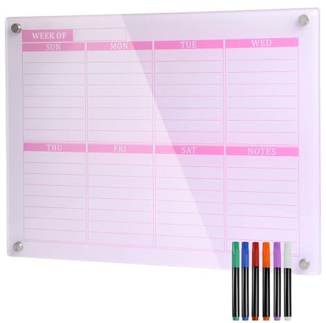 Marribol Thickened Acrylic Weekly Dry Erase Board Calendar Planner Whiteboard for Wall,16''x12''-Small,Pink Weekly Planner Whiteboard Schedule Management,6 Markers,1 Wipes,for Home Office-PGZL3040