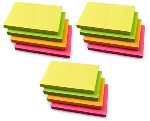 12 Pads Neon Rectangular Sticky Notes 127 x 76 mm | 100 Sheets | Self-Stick Pads in Bright Colours - Yellow, Pink, Green, Orange | Residue-Free Adhesive | For Home, Office & School