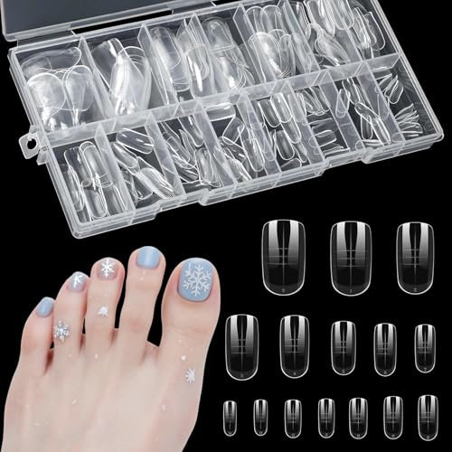 Set di 150 stampi per unghie dei piedi in polygel con indicatore di scala, per pedicure, 15 misure, doppio suggerimento, estensione rapida e design francese fai da te (trasparente)