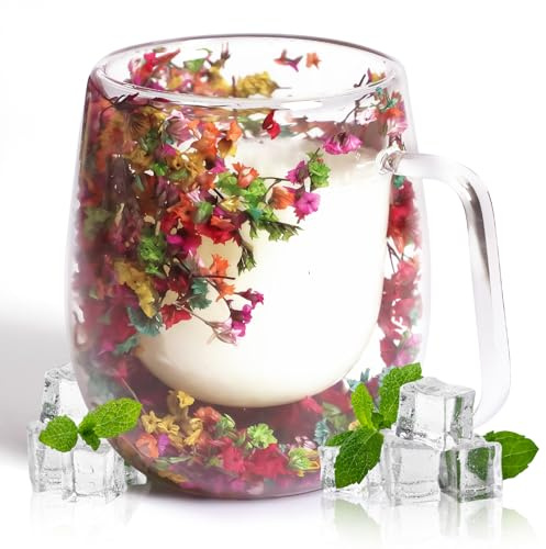 AWSOLAR Doppelwandige Kaffeegläser 350ml, Getrocknete Blumen Glastasse, Teeglas Doppelwandig Geschenke für Frauen Mutter Frau Lehrer Freund