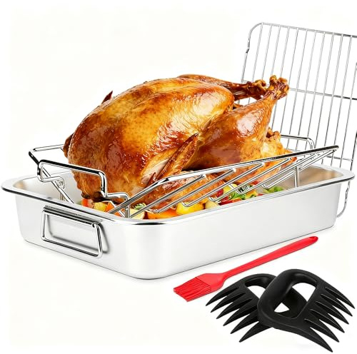 Roasting Pan Kit 15.5x11.5 Inch, Stainless Steel Turkey Roaster Baking Pan for Ovens-Heavy Duty Turkey Roaster V Rack & Cooling Rack, Deep Broiling Pan for Thanksgiving Christmas,Dishwasher Safe