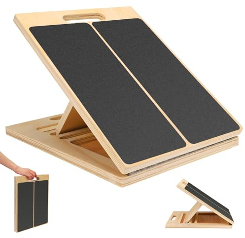 Wooden Slant Board, Adjustable Incline Board and Calf Stretcher, Professional Slant Board for Hamstring Leg Achilles Stretching, Portable Handle, Non-Slip Balance Board for Home Gym Office Outdoor Use