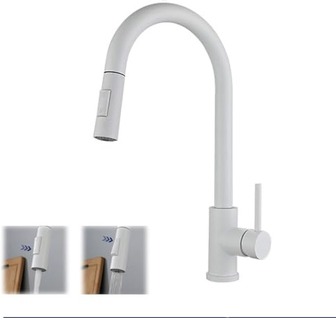 Rubinetto da cucina bianco Pull Down Spruzzatore girevole a 360 ° Maniglia singola Rubinetto miscelatore in acciaio inossidabile ad alta pressione per lavelli da cucina Design moderno Facile
