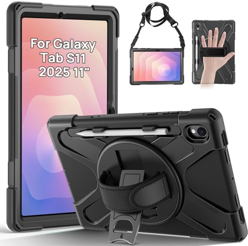 Gerutek Hülle für Samsung Galaxy Tab S11 11 Zoll 2025, Stoßfeste für Galaxy Tab S11 Hülle mit 360°Drehbar Stände/Handschlaufe Schultergurt Stifthalter, Case für Samsung Tab S11, Schwarz