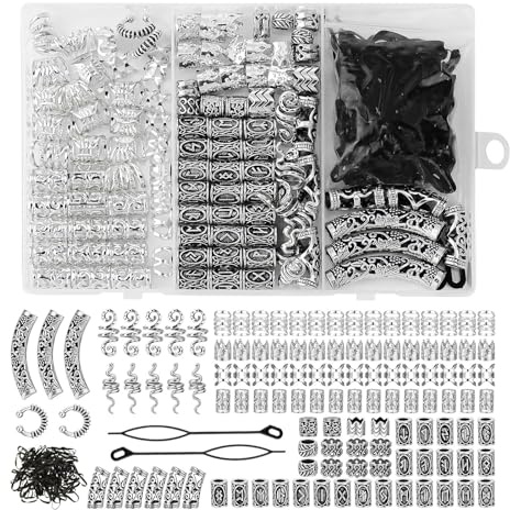 Bartperlen Wikinger Haarperlen, 219 Stück Dreadlocks Schmuck Nordische Haarschlauch Perlen, Dreadlocks Dekoration Loc Haarschmuck für Haar Bart Schmuck DIY Halskette Anhänger