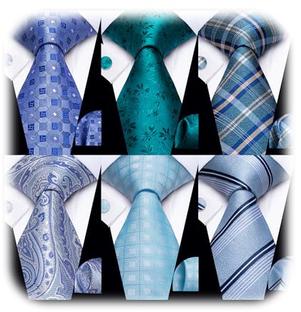 YourTies Mens 6PCS Blue Tie Set Assorted Ties Pack Silk Woven Teal Necktie Pocket Square Culffinks Fashion Business Wedding