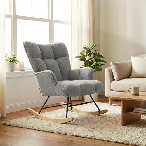 Alivio Teddy Fabric Rocking Chair, Comfortable High Backrest Nursery Glider & Rocking Armchair, Modern Upholstered Comfy Accent Chair for Living Room, Bedroom, Balcony, Baby Room - Grey