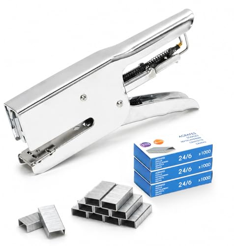 Pack pinza grapadora 24/6 con 3000 grapas, gran capacidad 30 hojas, depósito de 150 grapas, todo metal, compatible 26/6, modos normales y de fijación
