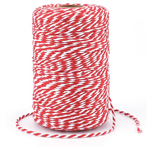 G2PLUS 200m Rot Weiß Baumwollschnur, 2mm Geschenkschnur zum Einpacken von Geschenken, Weihnachten Bastelschnur, Zweifarbige Dekoband Kordel für Adventskalender Weihnachten Geschenke Verpackt