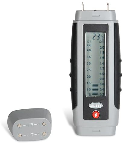 Detector de Humedad - Medidor de Humedad con Pantalla Digital - Temperatura ambiente - Bombilla LED - Para diversos materiales: Pared, Madera, Yeso, Cemento, Cartón - Precisión +/- 2% - 14 cm