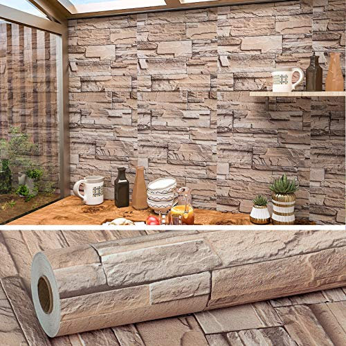 VEELIKE Papel Autoadhesivo de Pared Ladrillo, Pintado Efecto Piedra, Papel Tapiz Impermeable Para Habitacion Cocina Salon Bano Vinilo Decoracion Hogar 40cm x 600cm