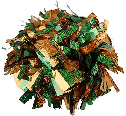 Cheerleading - Pompones holográficos metálicos con mango de bastón de 6 pulgadas, 1 par de 2 piezas (verde y dorado)