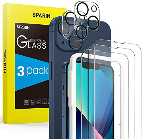 SPARIN Protector de Pantalla Compatible con iPhone 13, 6,1 Pulgadas, 3 Cristal Templado con 2 Protector de Lente de Cámara, Marco de Instalación Fácil