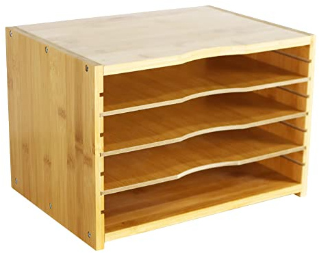 WKWKER File Organizer with 3 Adjustable Shelves Bamboo Document Letter Tray Paper File Sorter for Desktop Office Home Study Workstation Desk Storage Rack (Natural)