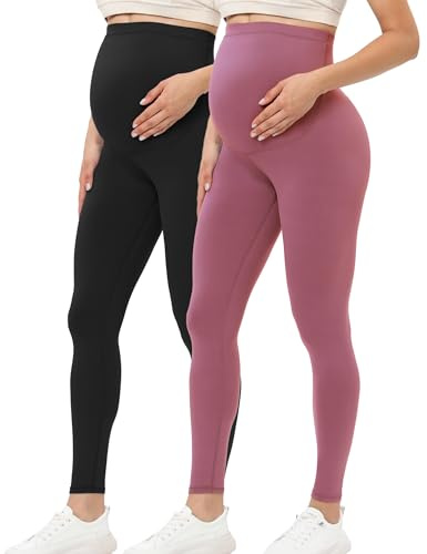 Buttergene Leggings de Maternidad para Mujer, para Embarazo, Ropa Activa, Entrenamiento, Yoga, Pantalones, Paquete de 2 Negro/Rosa Oscuro, M