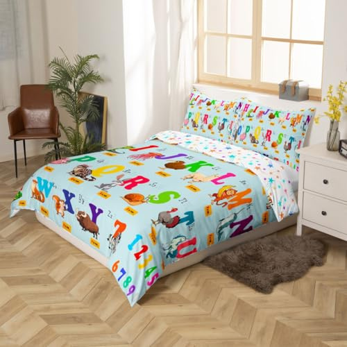 Kids Educational Bedding Set Full Size ABC Alphabet Numbers Bedding Duvet Cover Set For Boys Girls Toddler Cute Animal Decor Comforter Cover Set Fox Elephant Bedspread Cover Bedroom Quilt Cover 3Pcs