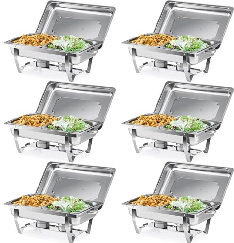 Wilprep Lot de 6 Chafing Dish Rectangulaire Buffets Chauffants 9L 2 Compartiments à Aliments en Acier Inoxydable Alimentaire pour Restaurants Fêtes Buffets Banquets Dîners (Lot de 6-2×GN1/2)