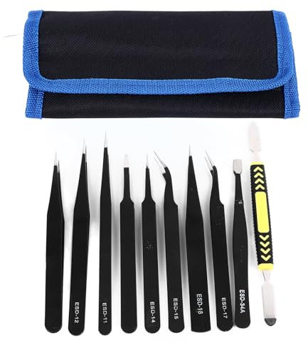 Beufee Ensemble De 10 Pinces à épiler, Kit De Pinces Artisanales, Pincettes électroniques ESD en Acier Inoxydable, Pincettes à Souder Industrielles Antistatiques avec Sac De Rangement pour Pincettes