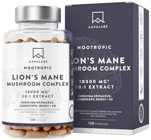 Lion's Mane kosttillskott - 18,000 mg - 30:1 extrakt - med Zink, Reishi och Cordyceps - 3 svamptillskott - nootropiskt Lion's Mane svamptillskott - 120 kapslar