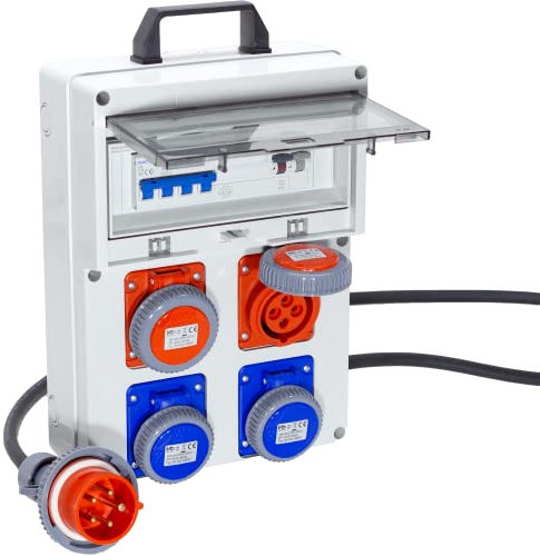 ELETTROWATT - Quadro Elettrico di Distribuzione Industriale da Cantiere ASC Portatile IP67-2 Prese 16A 220V e 2 Prese 16A 380V 4poli Magnetotermico da 16A e fungo di emergenza e Spina trifase 5 Poli