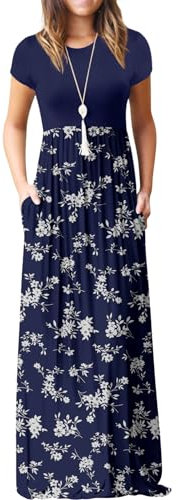 GRECERELLE Womens Maxi Dress Summer Casual Ladies Short Sleeve Crew Neck Long Dresses with Pocket for Daily, Holiday, Travel, Maternity (Blue Small Flower, L)