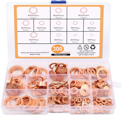 AMZSKU Juego de 300 arandelas, arandelas planas de cobre, anillos de sellado de cobre, surtido para tornillos (M5 M6 M8 M10 M12 M14 M16 M20)