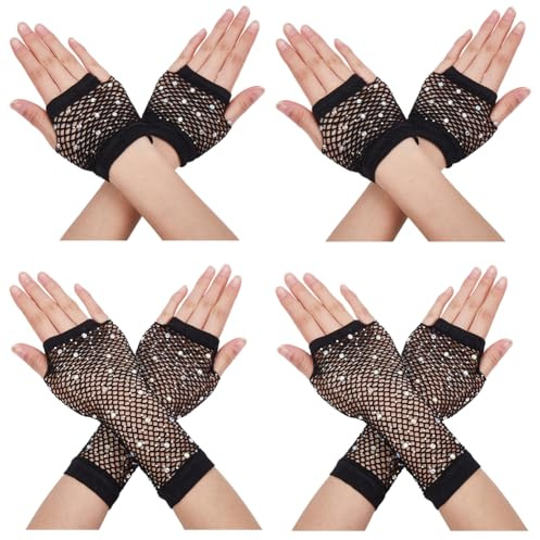 CABODYALS 4 Pairs 2 Styles Black Fishnet Arm Sleeves Fingerless Sheer Net Mesh Gloves 80s Evening Bling Elastic Rhinestone Glitter Rave Warmers for Women Cosplay Party Halloween Birthday Accessories