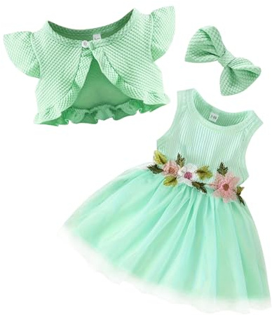 AIEOE Vestido de princesa para niña con cárdigan de encaje, vestido de ceremonia de tul + jersey, set bautizo fiesta Navidad 3 meses – 3 años, Verde, 6-9 Meses