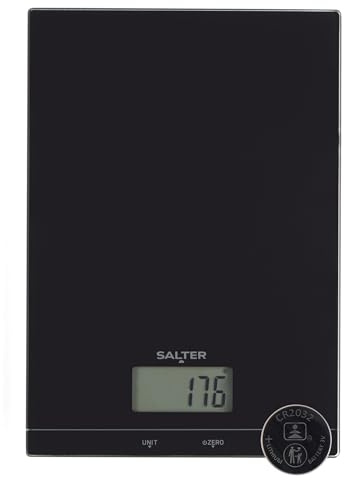 Salter Kuro Glass Electronic Kitchen Scale – 5kg Capacity, Digital Food Scale, Add & Weigh Zero Function, Easy Read LCD Display, Measure Liquids, Easy to Clean, Slim Glass Platform, 15 Year Guarantee