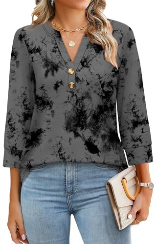 Aokosor Womens 3/4 Sleeve Tops Ladies Blouse V Neck Tunic Long Sleeve T Shirts Curved Hem Office Wear Grey Black Floral Size 14-16 for UK