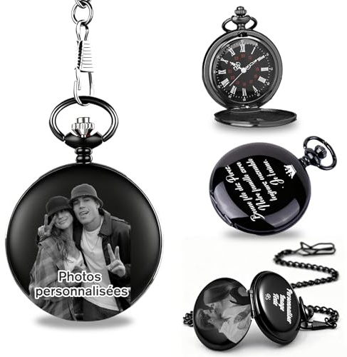 RSQGT Montre à Gousset Homme Personnalisée - Gravure Double Face Photo & Texte, Vintage avec Chaîne - Cadeau Homme pour Père, Mari, Fils, Témoin