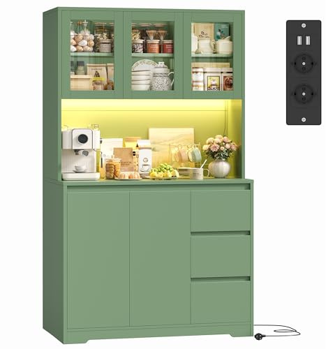FirFurd Credenza Cucina, Credenza Alta per Cucina con Luci a LED e Prese, Mobile Buffet con Cassetti e Armadi, Ripiani Regolabili, per Soggiorno, Studio180x100x38,5cm (Verde)