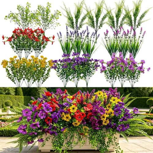 Vndnsy 24 fiori finti artificiali primaverili ed estivi, per decorazione esterna, non sbiadisce, fiori di seta viola e lavanda e piante artificiali, per esterni, interni, cortile, casa, patio