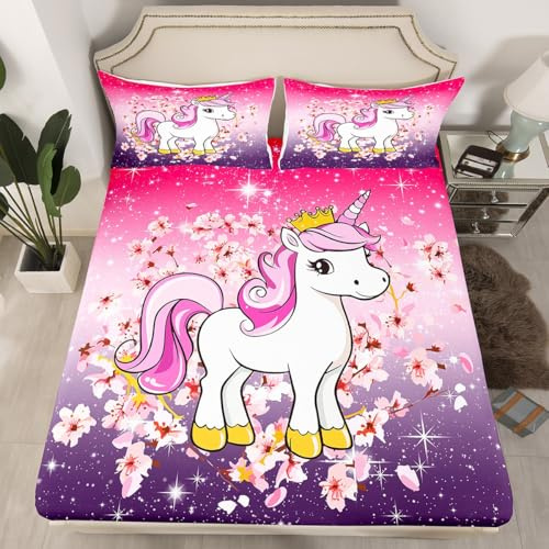 Homewish Juego de ropa de cama individual con diseño de unicornio, pétalos kawaii, color morado, rosa, purpurina, para cama de caballo, ropa de cama para niñas, ropa de cama de cerezo, decoración de