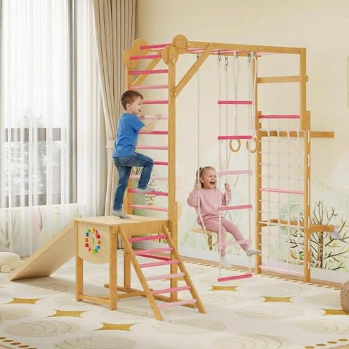 GarveeHome 8-in-1 Indoor Jungle Gym Set with Slide, Swing, Monkey Bar & Climbing Net, All-Wood Climbing Frame for Kids 3-10 Years Old, Home Play Gym