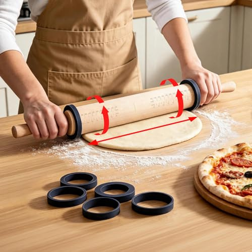 Rodillo Cocina Madera Ajustable Con Anillos: Palo Amasar Para Pasteles 53.6cm Con Asas - 15s Estira Masa Pizza 12 Grosor Uniforme - Para Galletas Pasta Fondant Profesional - SUPER KITCHEN