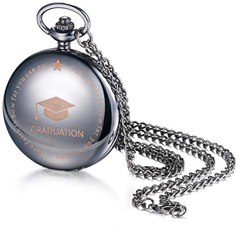JewelryWe Graduierung Taschenuhr Schwarz Kettenuhr Analog Quarz Uhr mit Gravur Halskette Kette Umhängeuhr Graduierte Geschenk für Jungen Mädchen