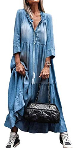 Robe en jean Yesgirl pour femme Style bohème Décontracté Col en V Manches longues Uni Jupe plissée Coupe A Maxi Denim Tunique Chemise Chemisier - - Taille XXL