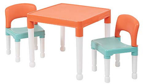 Liberty House Toys Childrens Table and Two Chair Set, Green Orange White, Table-51cm H x 51cm W x 43cm D 27cm x 31cm x 44cm, Seat Height 26cm